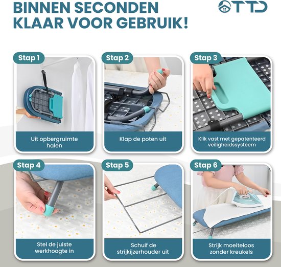 TTD® Table à repasser pliable sans ligne de pliage - Comprend une planche à manches et une boucle de suspension - Mini table à repasser avec porte-fer - Table à repasser de table pliable - Petite table à repasser pliable