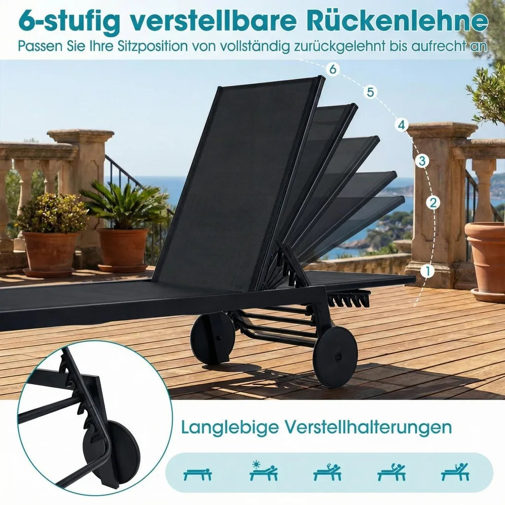 Coast Garden Loungers - Ajustable - Roues - Séchage rapide - 190 x 59 x 99 cm - Noir