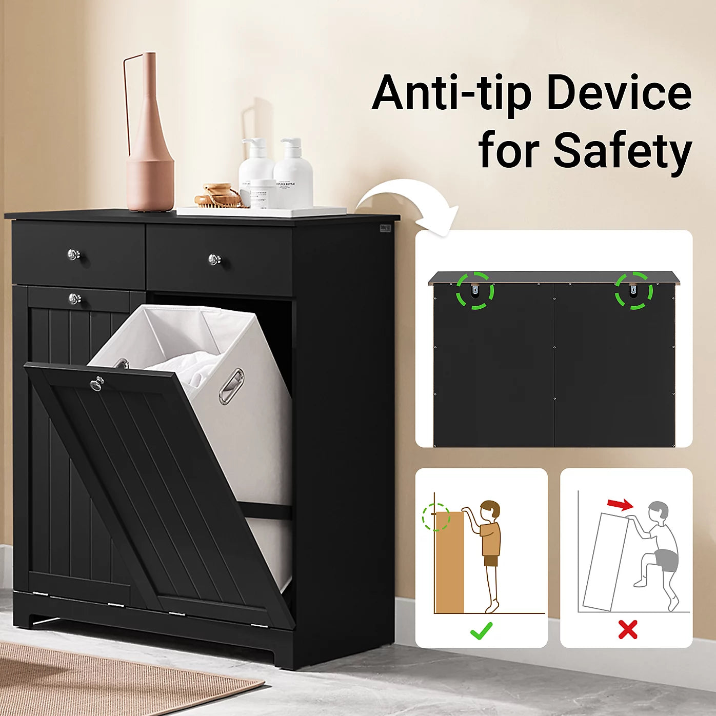 Armoire de salle de bains indépendante SoBuy avec panier à linge – Équipée de deux sacs à linge amovibles, de deux tiroirs et de quatre patins en silicone – Pour la salle de bains et la buanderie – MDF noir et tissu – 78 x 39 x 91 cm