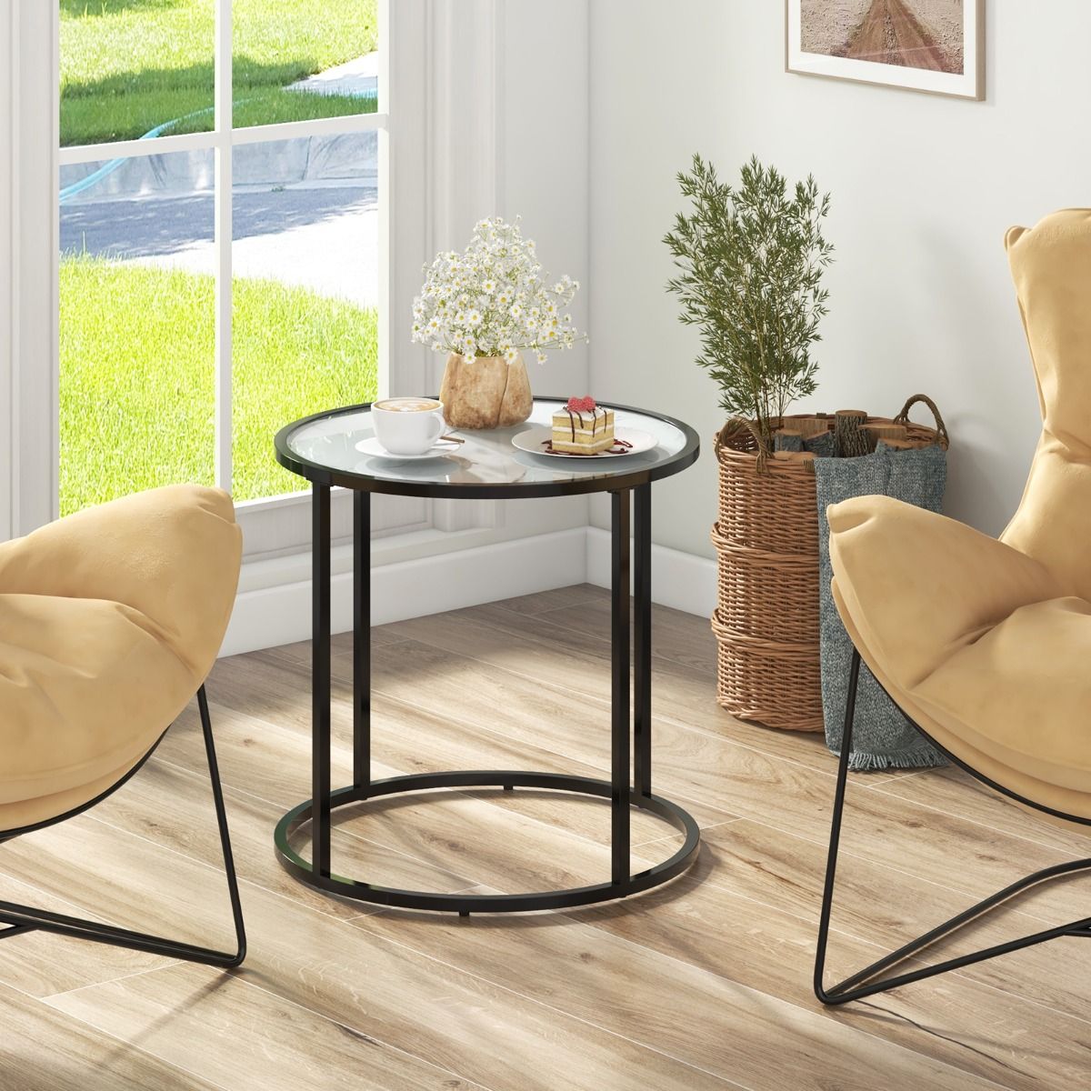 Table d'appoint ronde en verre Coast 50 cm avec plateau en marbre et cadre en métal noir - Design moderne