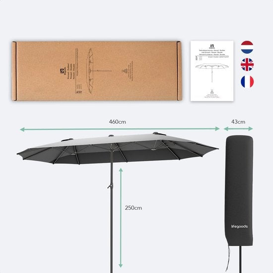 LifeGoods Parasol double - 270x460cm - jusqu'à 15 personnes - imperméable - avec housse - Gris foncé