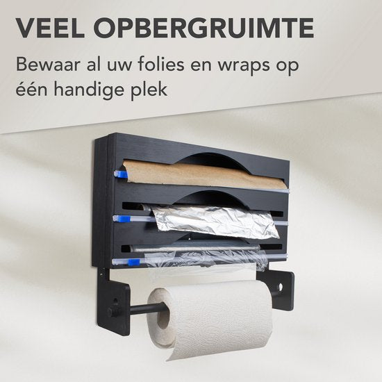 Nimma Roll Holder - Porte-rouleau de cuisine et porte-feuille en 1 - Système de suspension et coupe-feuille inclus - Convient pour 3 rouleaux de papier d'aluminium - Bambou - Noir