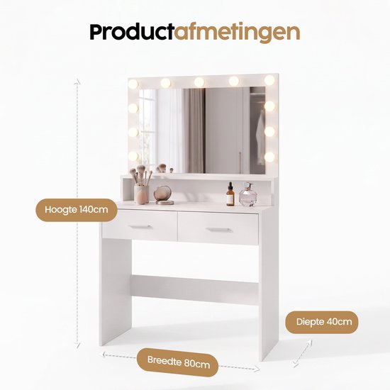 Table de maquillage Infinity Goods - Avec miroir et 11 lampes LED - Nombreux rangements - Intensité lumineuse réglable - Blanche
