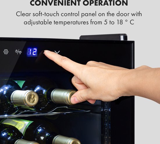 Cave à vin Klarstein Shiraz 28 Uno - 74 litres - Capacité de 28 bouteilles - Commande tactile - Plage de température : 5-18 °C - Noir