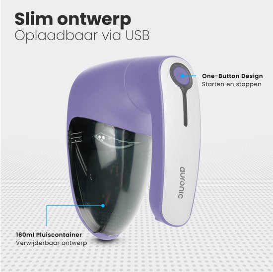 Auronic Electric Lint Remover - Dépoussiéreur sans fil - Autonomie de la batterie 60 minutes - Tondeuse à peluches - 2 accessoires supplémentaires - Violet