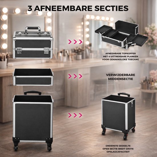 Travli Make Up Trolley - Valise de maquillage - Valise de coiffure - Valise de beauté - Valise de cosmétiques - 106* 40* 31,5 cm - Noir