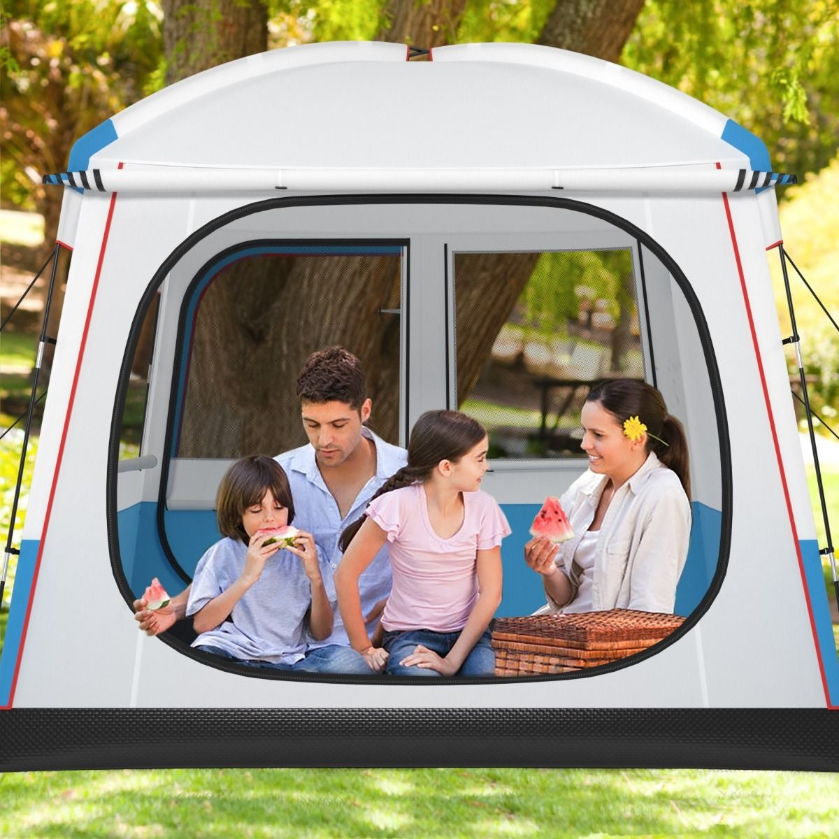 Tente de camping Coast pour 5 personnes - Grande porte en filet et tapis de sol - Imperméable - 248 x 248 x 230 cm - Bleu/Blanc