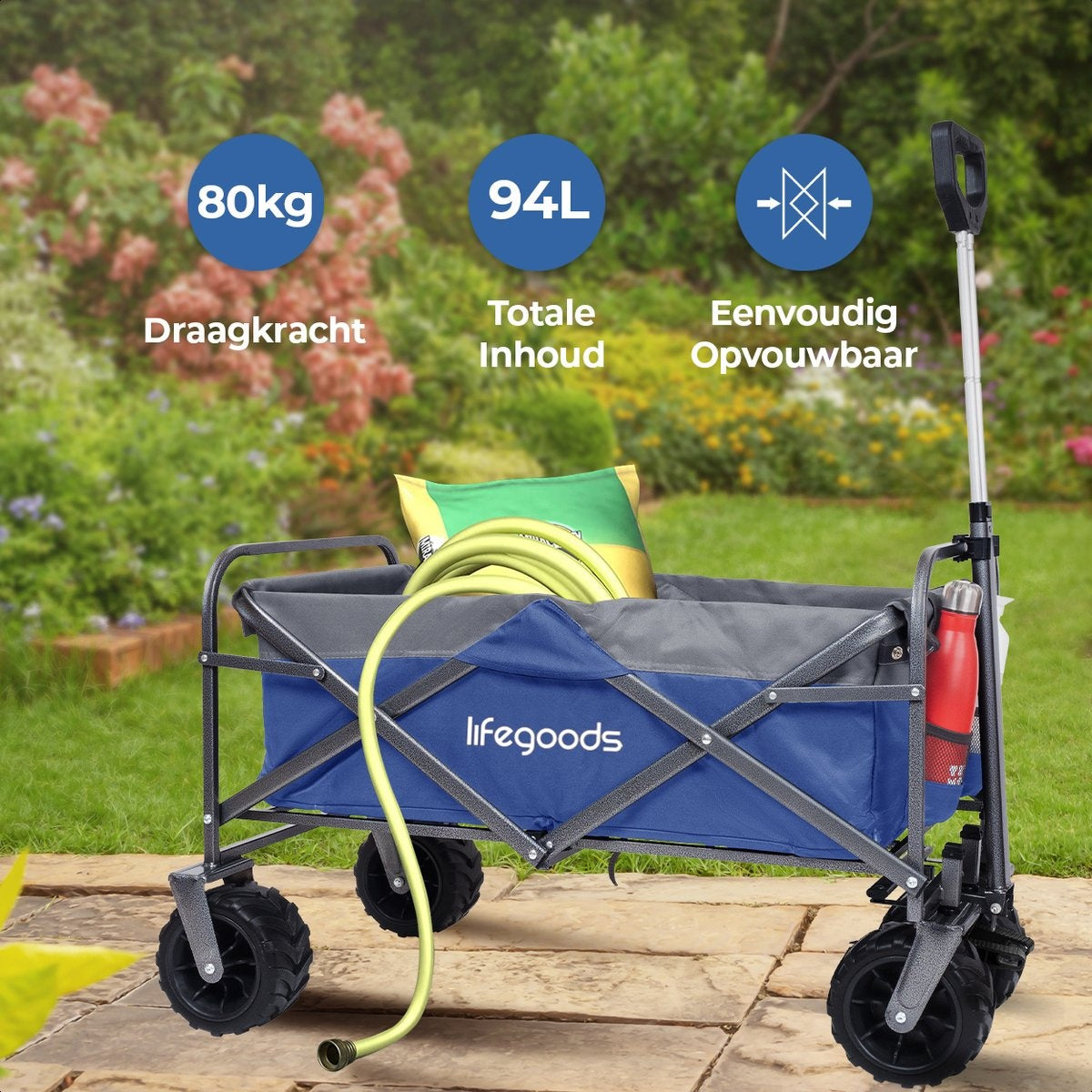 LifeGoods Wagon - pliable - jusqu'à 80KG - 94L - polyester lavable - 98x45cm - bleu/gris