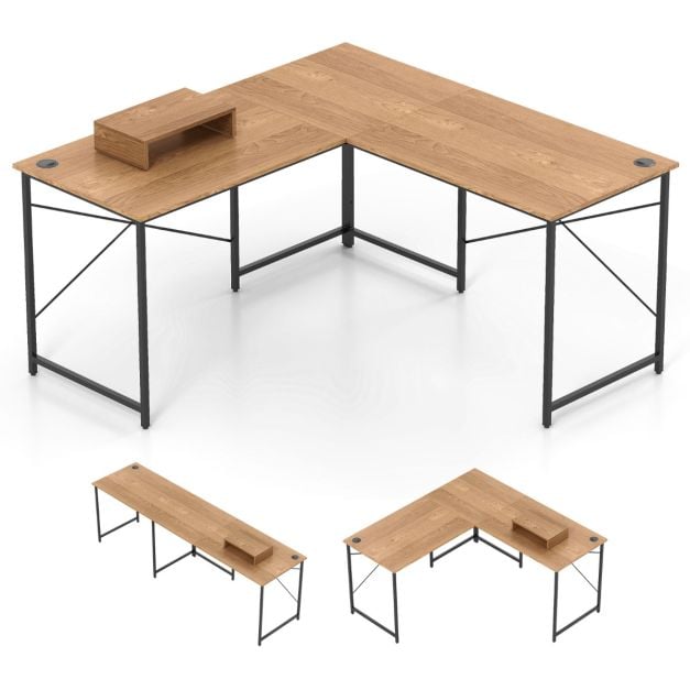 Bureau d'angle en L Coast – Extensible jusqu'à 240 cm – Support d'écran – Naturel