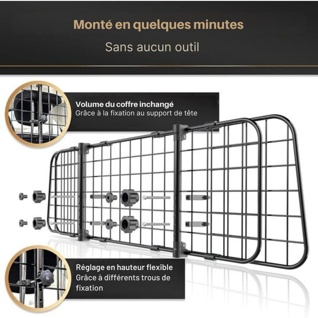 Grille pour chien réglable en continu -  Support de sécurité pour coffre - HELDENWERK - Montage facile sans outils - Acier noir
