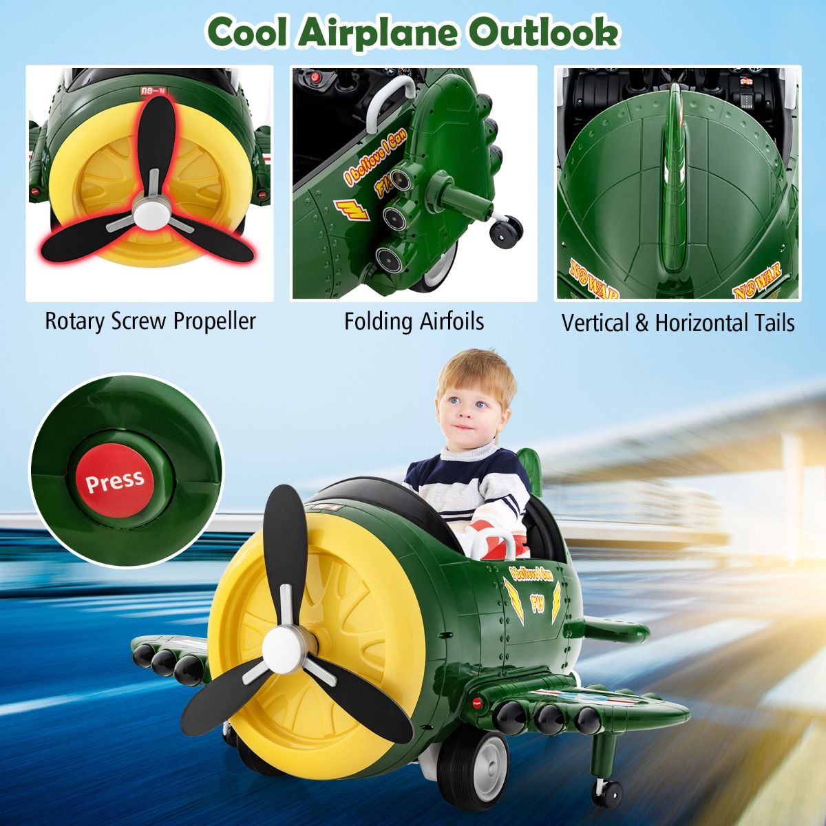 Avion électrique Coast pour enfants avec télécommande 124x100x62 cm - Vert/Jaune