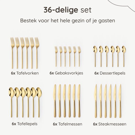 Deleca 6 Person Luxury Stainless Steel Cutlery Set Amor (36 pieces) - Spoons, Knives, Forks, Steak Knives & Pastry Forks - Lave-vaisselle - Gold Design Cutlery - 18/0 Stainless Steel