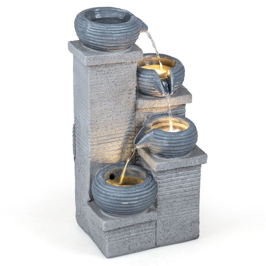 Fontaine de jardin Coast avec éclairage LED - Cascade à quatre niveaux - Résine synthétique et fibre de verre - Gris 28 x 22 x 58 cm