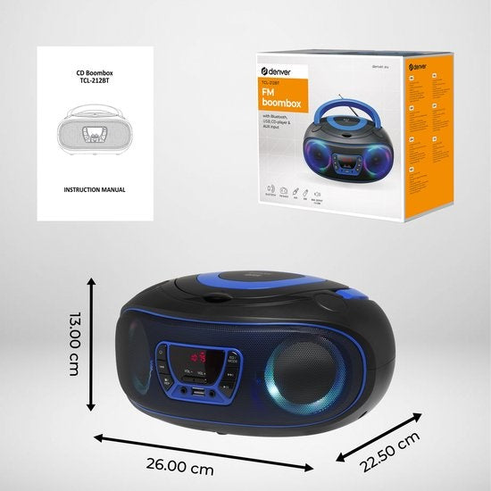 Denver Portable Radio CD Player Kids - Bluetooth - Light Effects - Boombox - AUX - FM - TCL212BT - Blue