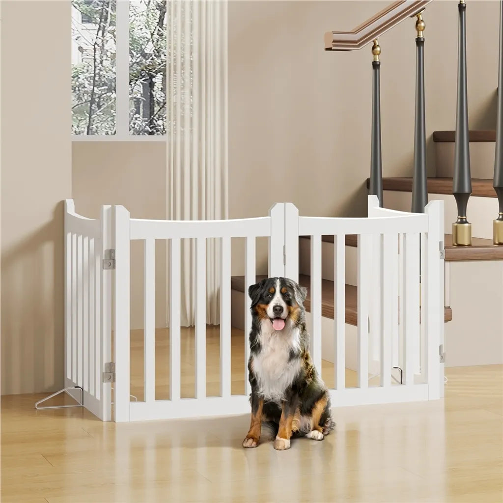 Barrière pliable pour chiens Yaheetech 204,5 x 60,5 cm - Blanche - Barrière de sécurité en bois à 4 panneaux