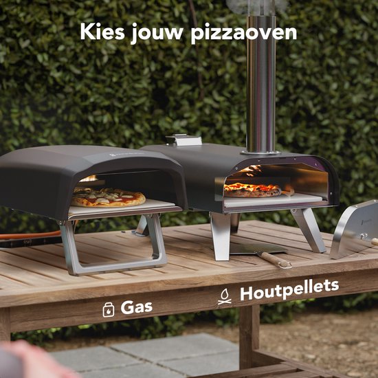 KitchenBrothers Four à Pizza - Au feu de bois - Table Top - Avec Couvercle Protecteur - Sans PFAS - Pliable - Pierre à Pizza - jusqu'à 460°C Pizza maker - Set complet - Four à Pizza pour l'extérieur - Noir/RVS