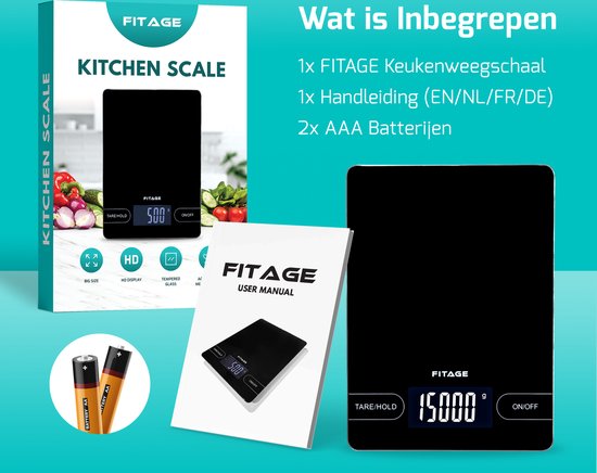 FITAGE Keukenweegschaal - Weegschaal Keuken - Groot en tot 15KG - Precisie Weegschaal - Digitaal