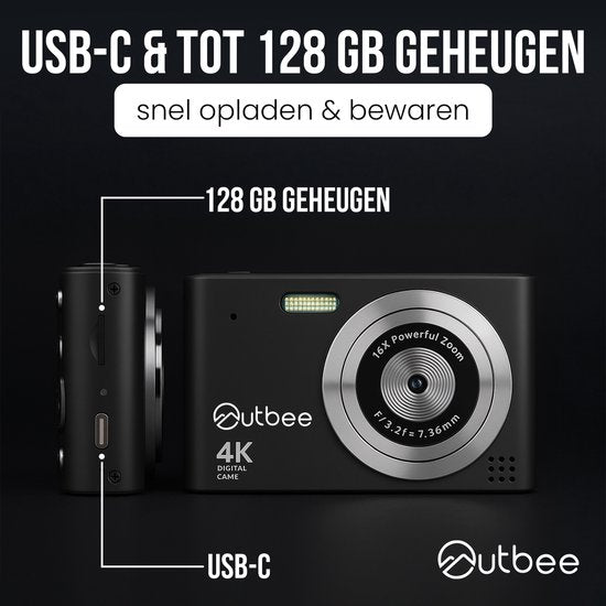 Outbee Appareil photo numérique - Appareil photo - Appareil photo numérique - Compact - Photos et vidéos - 8 résolutions d'image - 128 Go - Noir