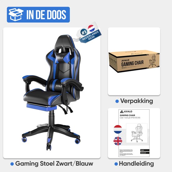 Avalo Gaming Chair - Chaise de jeu - Chaise de bureau ergonomique réglable - Chaise de jeu - Chaise de jeu - Noir/Bleu
