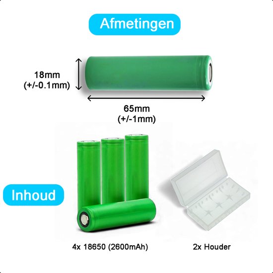 Tech Essentials 18650 Batterie rechargeable Li-ion - 2600mAh 3.7V - 7.8A - Lithium - Support - Batterie - 4-Pack