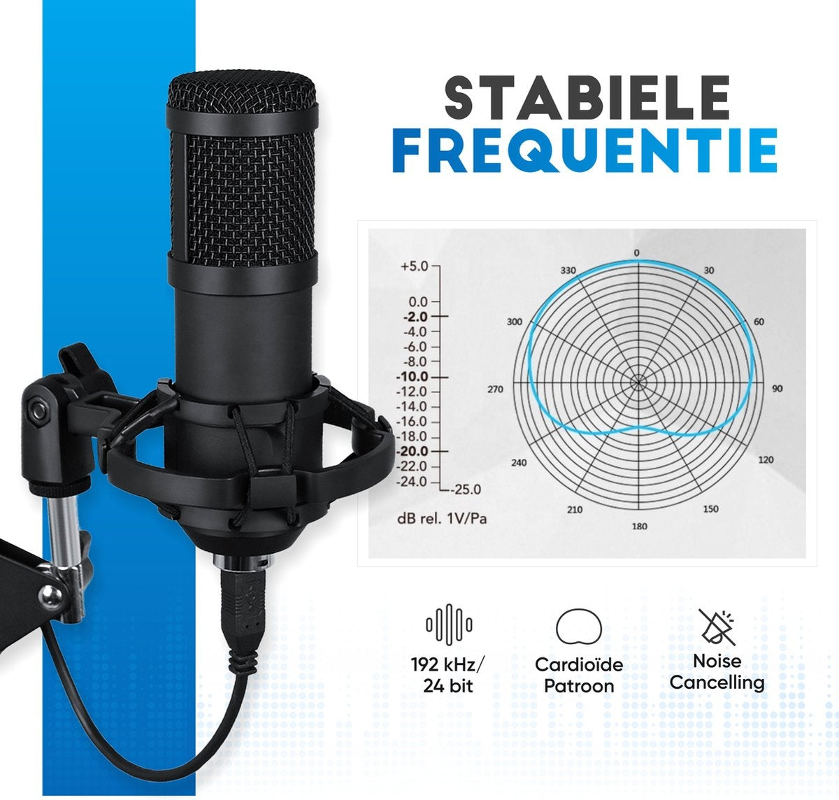 Microphone à condensateur avec bras - Gaming - Cardioïde - Microphone pour PC - USB - Avec support - Plop Cap - Filtre de bruit - Laptop - Streaming