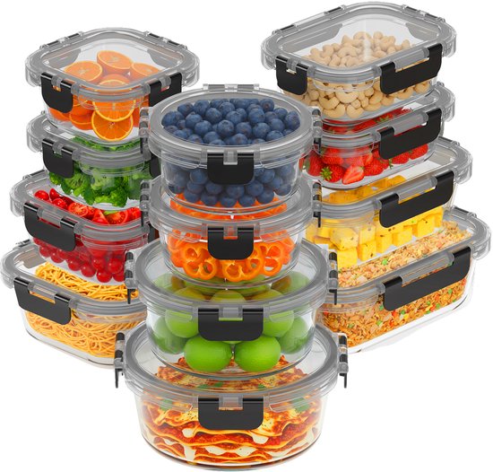 KitchenBrothers Meal Prep Trays Set - Glass Food Storage Trays - Airtight - BPA Free - Freezer Trays - Storage Trays - 6.79L - Glass - 12 Pieces
