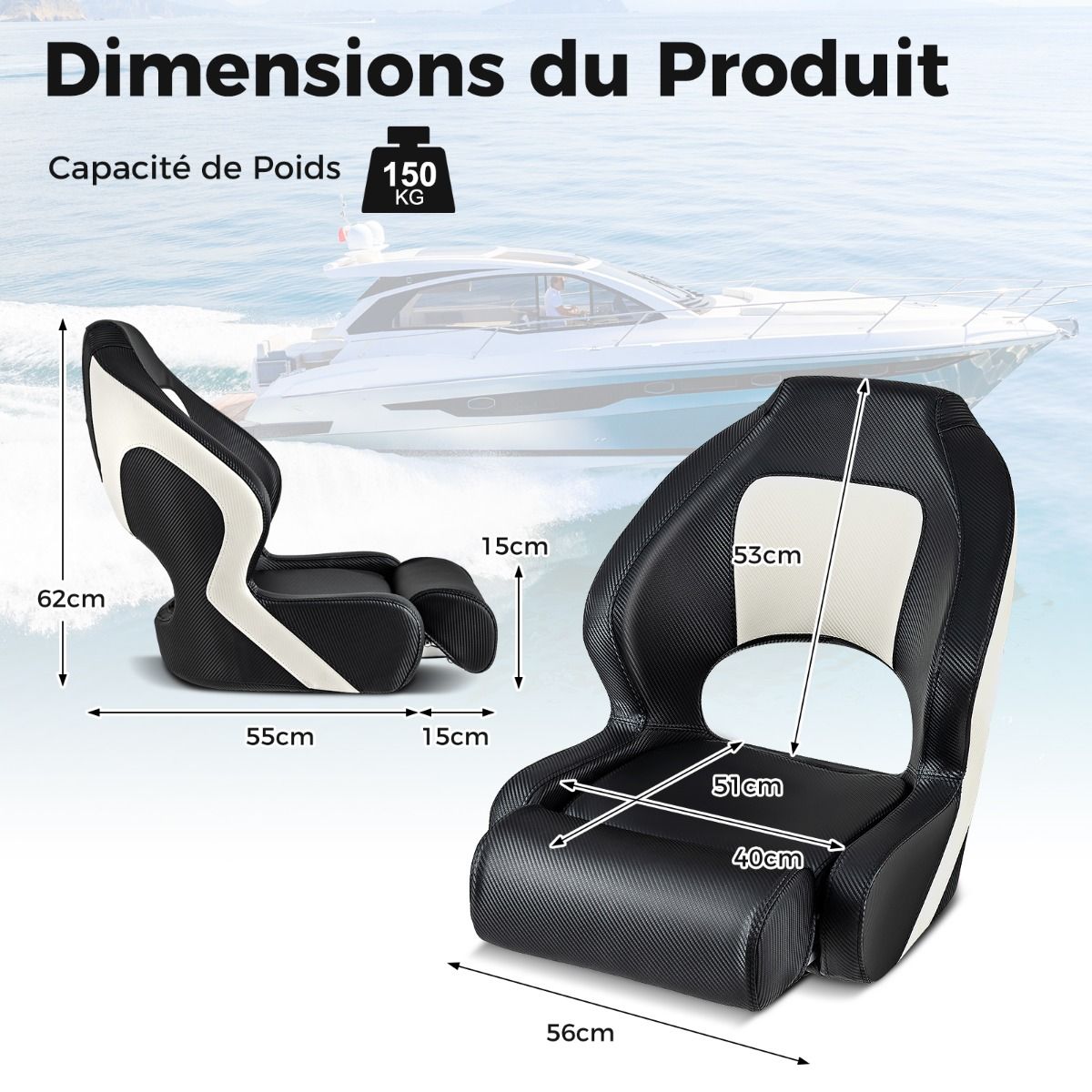 Coast Bucket Seat pour bateau - Cuir PVC - Ergonomique - Max. 150 kg - 56 x 70 x 62 cm - Noir / Blanc