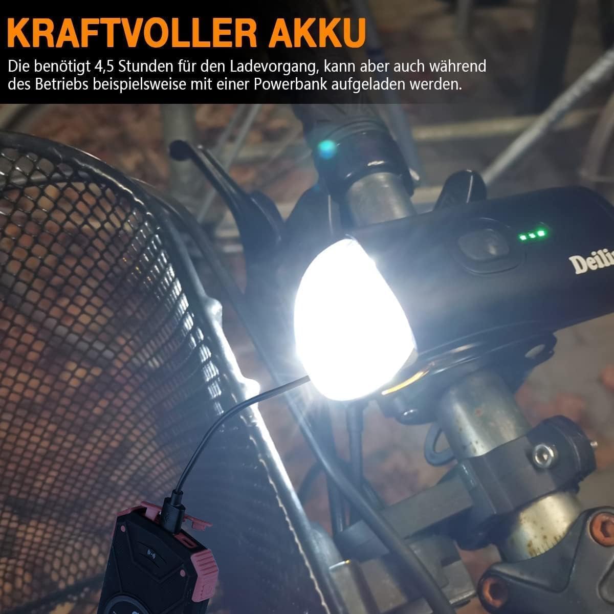 Kit d'éclairage vélo Delin Premium – Doté d'un réglage intelligent de la luminosité, d'un indicateur de batterie et d'un boîtier étanche IPX5 – Pour montage sur guidon et sécurité routière – Polycarbonate noir – 100 lux