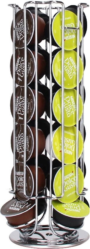 Zindoo Porte-capsules à café - Support pour tasses à café - 24 tasses - Capsule - Dolce Gusto - Rotatif - Café - Espresso - Support en métal - Antidérapant - Distributeur de tasses - Organisateur de blocs - Argent - Porte-capsules à café