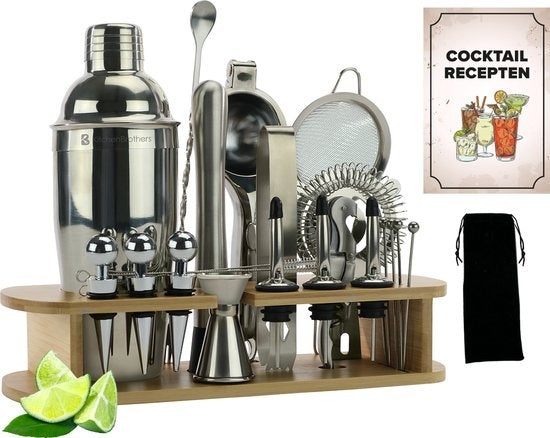 KitchenBrothers Set à cocktail avec shaker - 25 pièces - Set de luxe - Emballage cadeau - Marron clair/Bambou