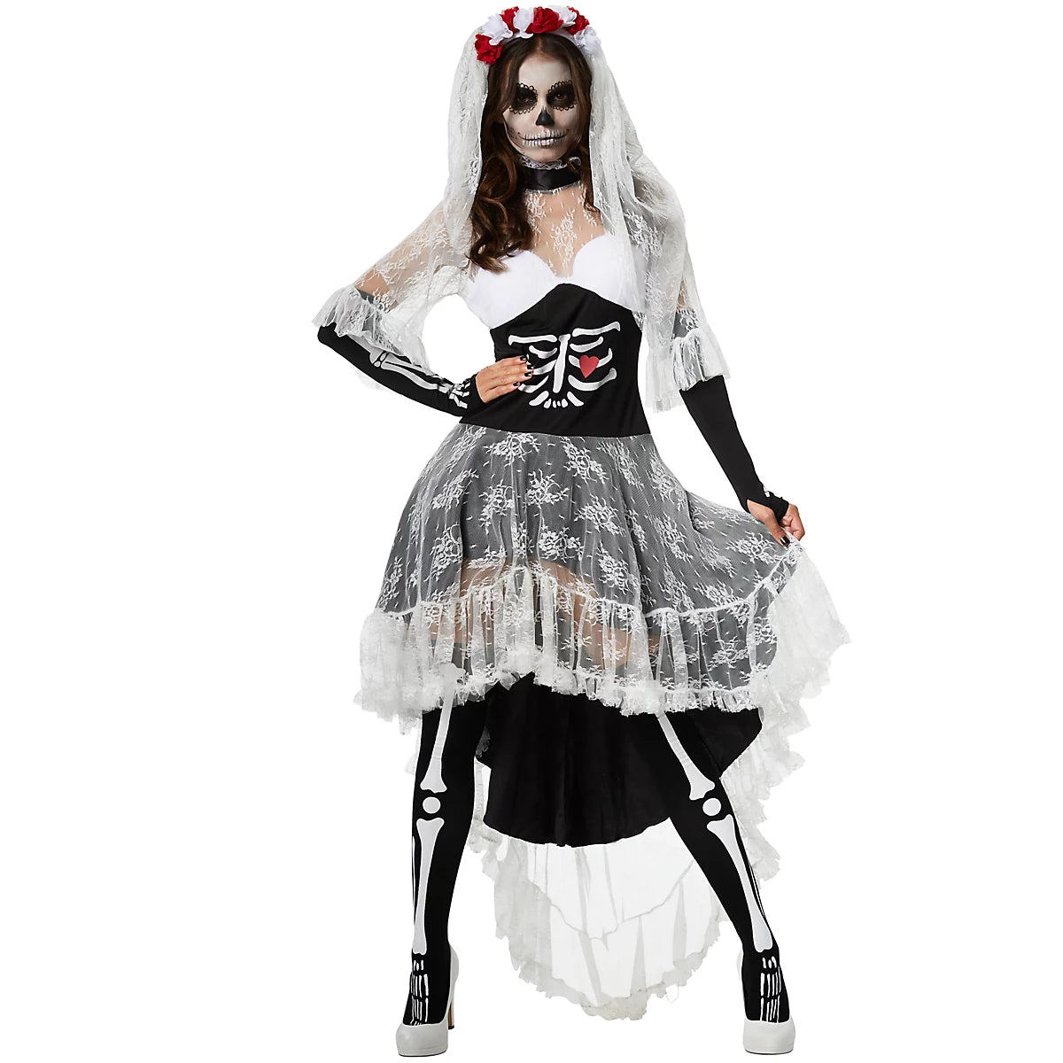 DressForFun : costume de mariée squelette effrayant pour femme – avec col montant en dentelle, bonnets rembourrés et voile – pour Halloween et le carnaval – polyester noir et blanc – taille S