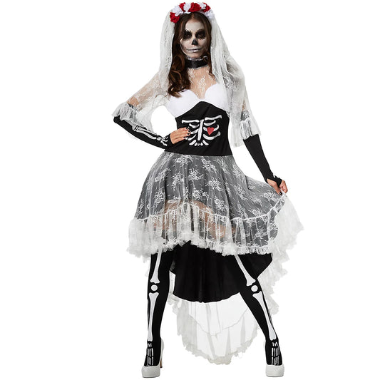 DressForFun : costume de mariée squelette effrayant pour femme – avec col montant en dentelle, bonnets rembourrés et voile – pour Halloween et le carnaval – polyester noir et blanc – taille S