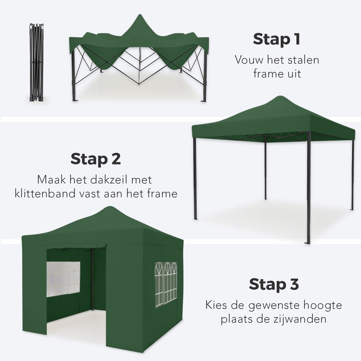 Chapiteau de jardin LifeGoods - 3x3 m - Pliable - Etanche - Parois - Sac de transport à roulettes - Vert foncé