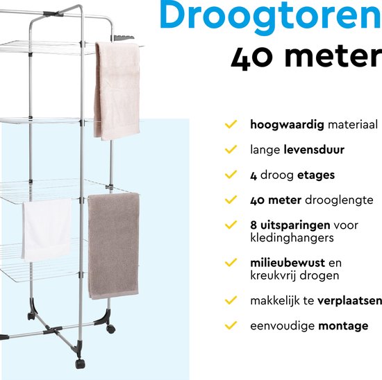 BRASQ Tour de séchage 4 couches - Longueur de séchage 40 mètres - Étagère de séchage avec roulettes et supports - Étagère à linge - Tour de séchage 68x68x169 cm - Blanc