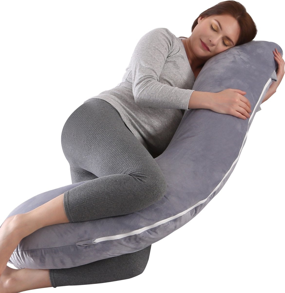 Litollo® Coussin de grossesse (forme J) - Coussin de soie - Coussin d'allaitement - Coussin de corps - 145cm - Tissu polaire doux - Housse amovible - Gris