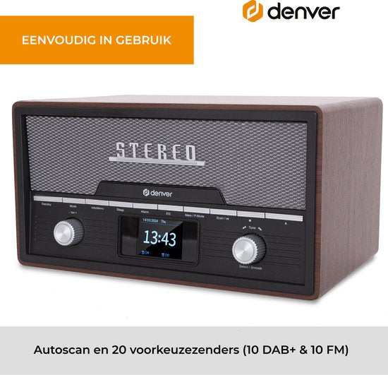 Denver Radio DAB Lecteur CD - Radio rétro - Bluetooth - DAB+/ FM - CD - MDA525 - Darkwood