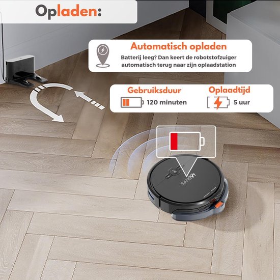 Robot aspirateur 3 en 1 - Sanovy - 1800 PA - Station de charge automatique - Robot balayeur - Contrôle via application ou télécommande