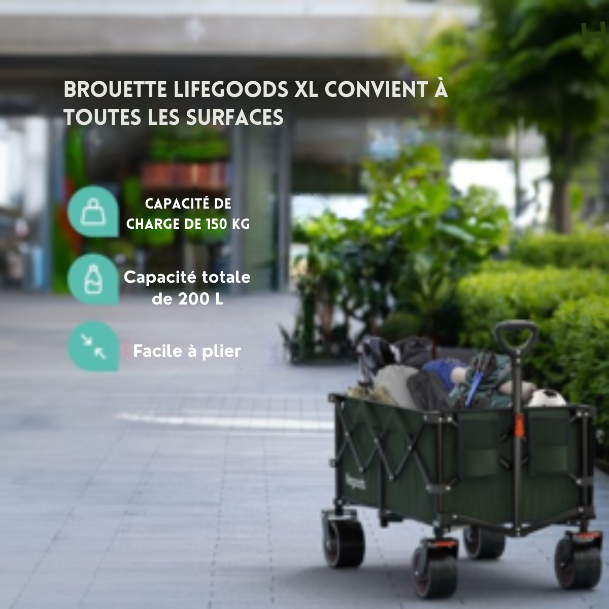 LifeGoods Wagon - XL - Pliable - 200L - 150KG de capacité de charge - Vert