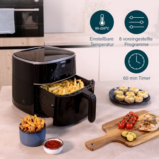 Friteuse à air chaud numérique Princess 182238 - 4 litres - Sans PFAS - Grand format - Friteuse à air chaud - Noir - Écran tactile numérique - 8 programmes automatiques - Grille réglable en hauteur incluse