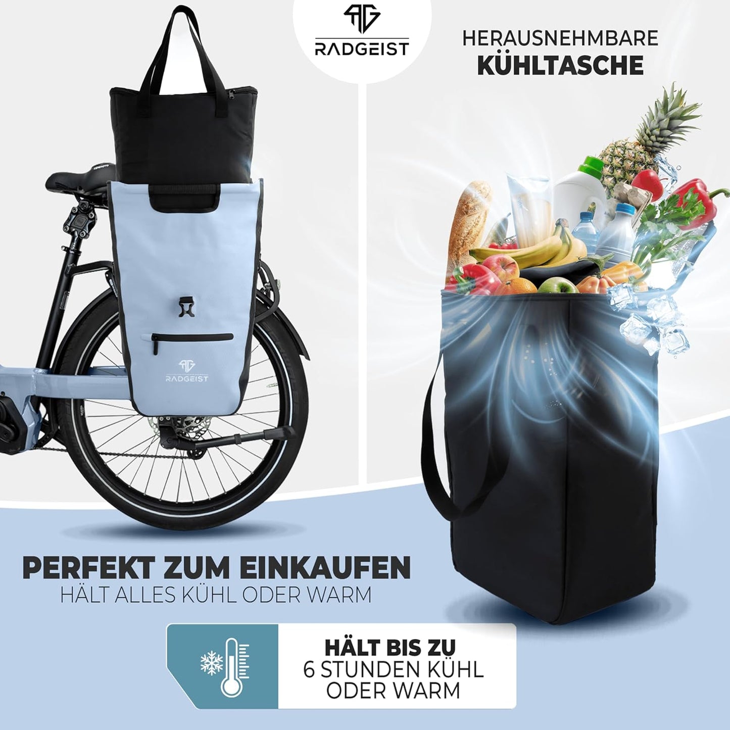 RADGEIST sacoche vélo pour porteur I sacoche vélo shopper avec sac isotherme amovible I sac shopping & sac shopping 22-28 litres - bleu