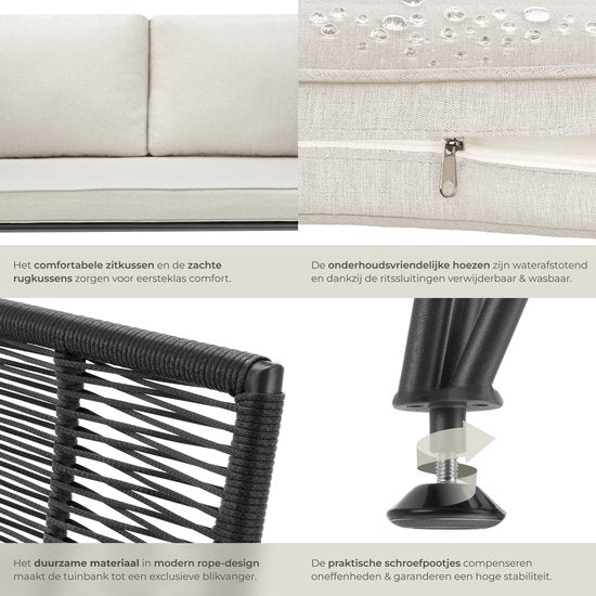 tectake® Banc de salon en osier - Banc de jardin compact avec coussins épais - Idéal pour balcon, jardin ou terrasse - Banc de salon extérieur élégant et confortable - Design en corde