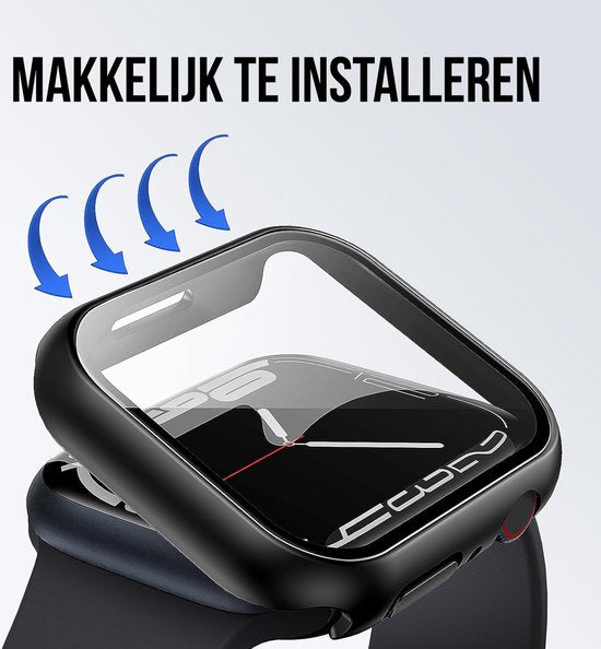 Coque adaptée à l'Apple Watch Series 7 / 8 / 9 - Protection d'écran 45 mm - 2 pièces - Coque rigide complète - Noir - Podec
