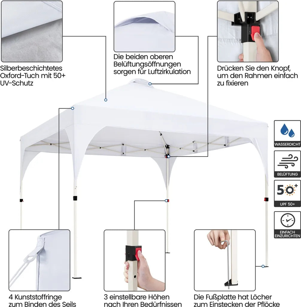 Tente de fête pliable Yaheetech 3 x 3 m - Blanche - Pavillon pop-up réglable avec sac de transport