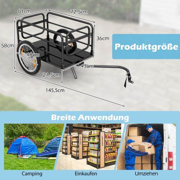 Coast Bike Trailer Black/Blue - Chariot à bagages pliable avec housse, attelage et réflecteurs - 145,5 x 61 x 58 cm