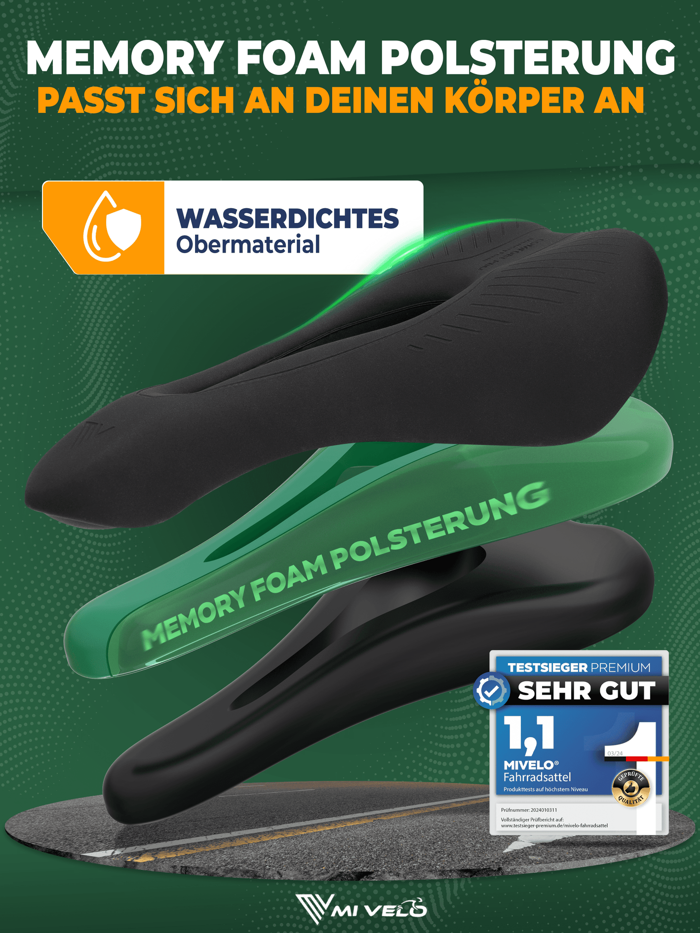 MIVELO Comfort Pro MTB Bike Saddle - Ergonomique - Mousse à mémoire de forme - Imperméable - 28 x 14 cm - Noir