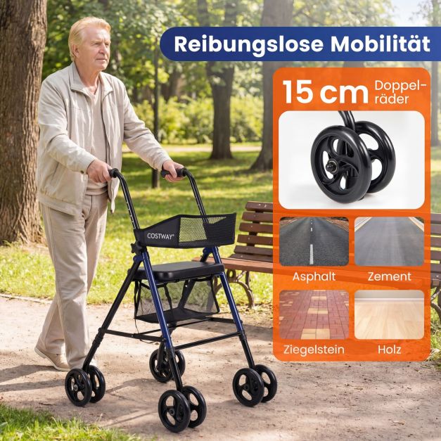 Déambulateur Coast bleu/noir - Déambulateur pliable avec siège, sac et hauteur réglable - 59 x 64 x 75,5-93 cm