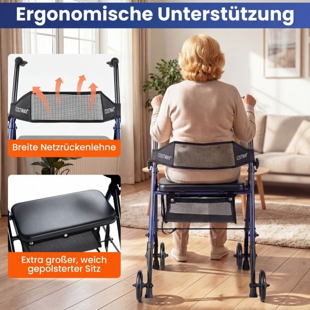 Déambulateur Coast bleu/noir - Déambulateur pliable avec siège, sac et hauteur réglable - 59 x 64 x 75,5-93 cm