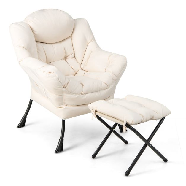 Fauteuil confortable avec tabouret - Coussin inclus - Fauteuil relax de luxe avec accoudoirs pour le salon, la chambre ou le bureau - Blanc