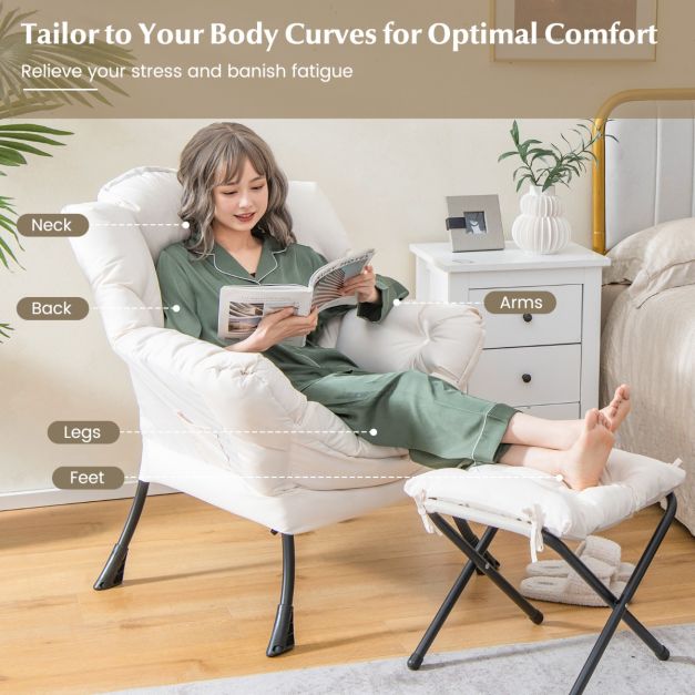 Fauteuil confortable avec tabouret - Coussin inclus - Fauteuil relax de luxe avec accoudoirs pour le salon, la chambre ou le bureau - Blanc