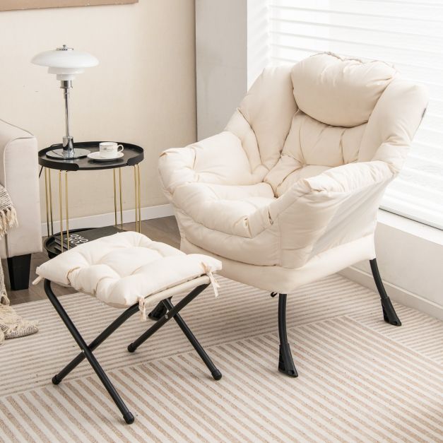 Fauteuil confortable avec tabouret - Coussin inclus - Fauteuil relax de luxe avec accoudoirs pour le salon, la chambre ou le bureau - Blanc